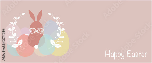 Happy easter concept illustration. Bunny, eggs and leaves decoration on pink background for web, banner and design. Vector illustration. イースターイラスト、イースターデコレーションデザイン