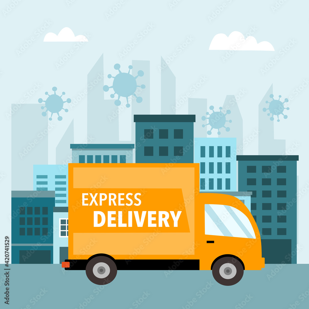 Naklejka premium Express delivery service concept vector illustration. Logistic process. Delivery truck with city and virus cells on background.