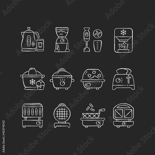 Small kitchen appliance chalk white icons set on black background. Smart kettle. Coffee grinder. Immersion blender. Ice cream machine. Slow cooker. Toaster. Isolated vector chalkboard illustrations