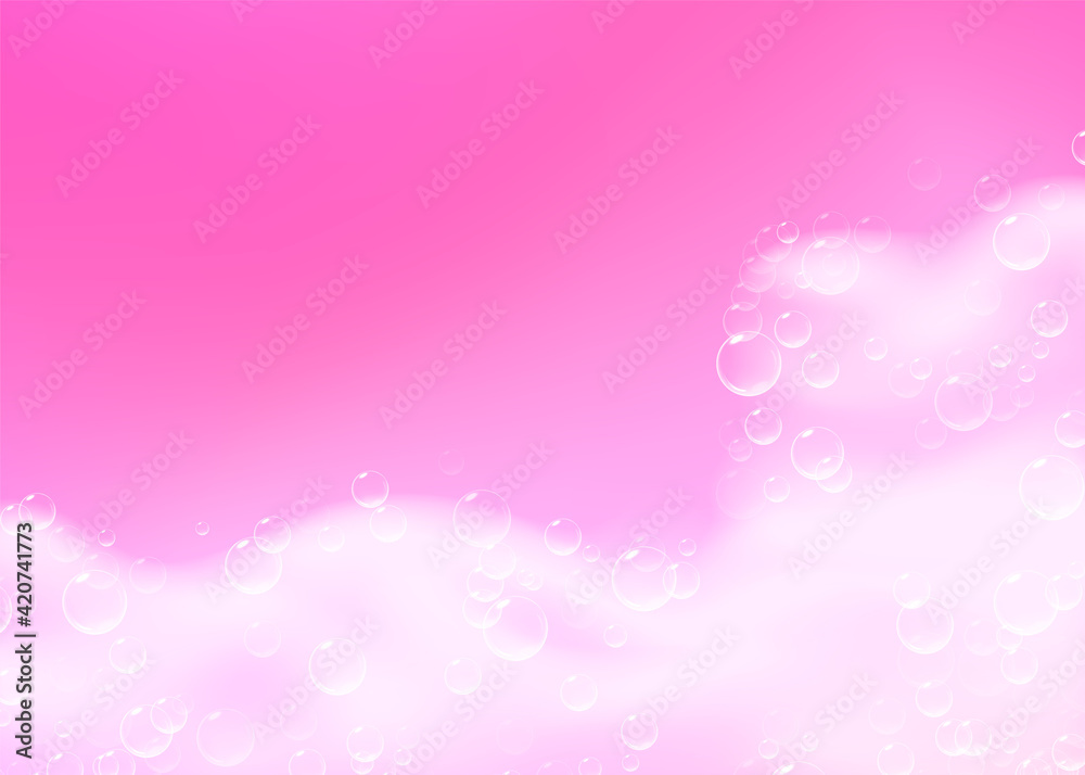Beautiful light background with Bath pink foam and empty place for your text. Shampoo bubbles texture. Sparkling pink shampoo and bath lather. Vector realistic illustration. Beautiful light background with Bath pink foam and empty place for your text. Shampoo bubbles texture. Sparkling pink shampoo and bath lather. Vector realistic illustration.