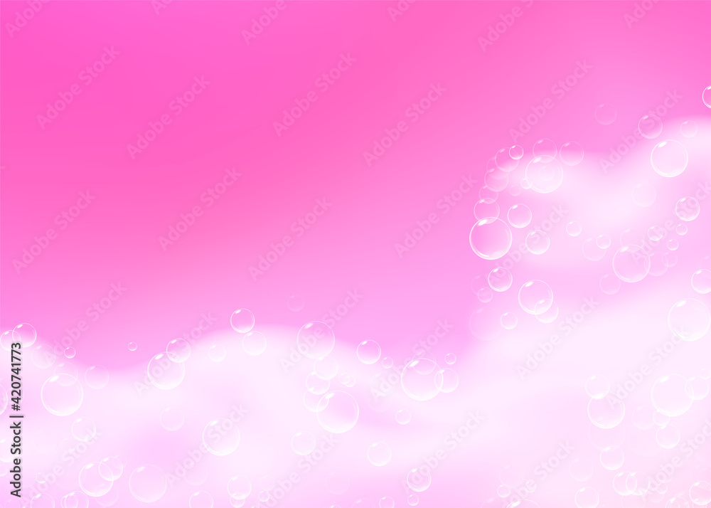 Beautiful light background with Bath pink foam and empty place for your text. Shampoo bubbles texture. Sparkling pink shampoo and bath lather. Vector realistic illustration.