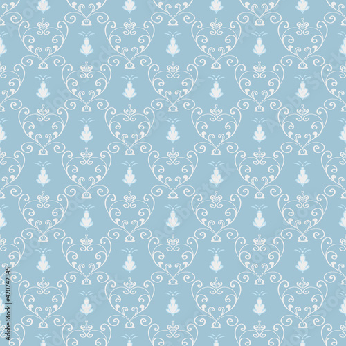 Ornament in the rococo style in white and cyan colors. Hand-drawn seamless patterns. Old fashioned stylish design for wallpaper, interior decor, cards, fabrics, textiles, posters, packaging, printing