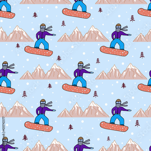 Seamless background with a snowboarder in a cartoon style. Funny bright print for kids, sportswear, packaging paper