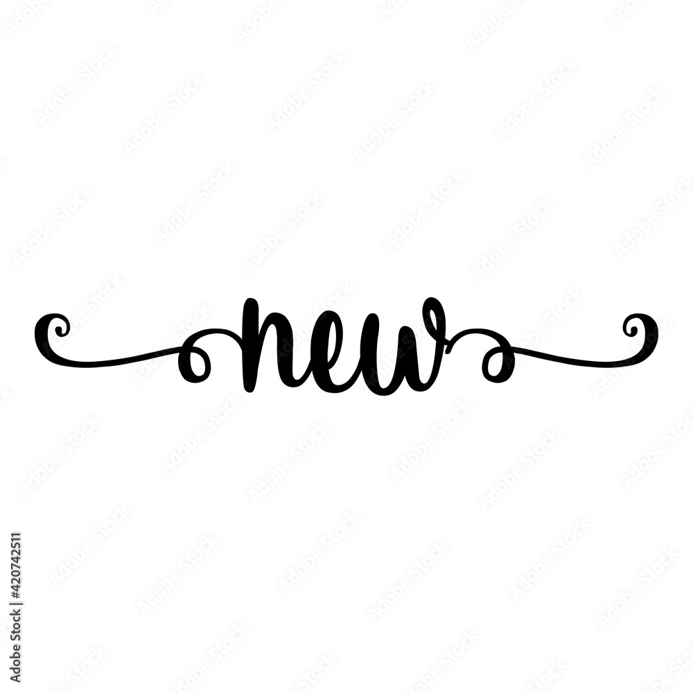 Banner con texto manuscrito new escrito a mano con florituras en color negro Banner con texto manuscrito new escrito a mano con florituras en color negro
