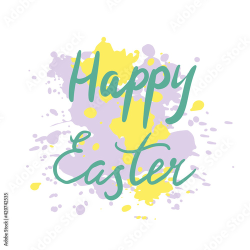 Vector lettering. Happy easter. Blue text on purple and yellow texture background. EPS 10.