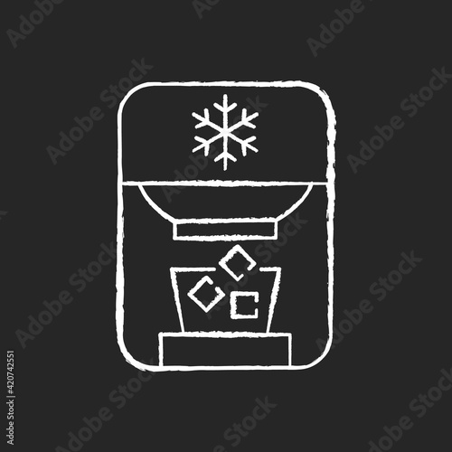 Ice maker chalk white icon on black background. Freezer device. Electric machine for household. Countertop refrigerator. Small kitchen appliance. Ice cubes. Isolated vector chalkboard illustration