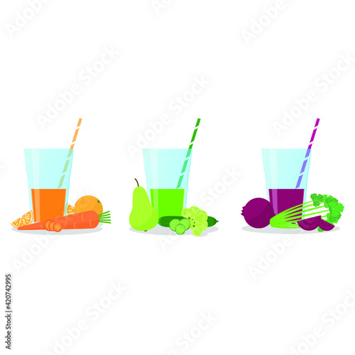 Vector illustration of glasses with smoothies, straws and fruits and vegetables on white background. Healthy food and drinks. 