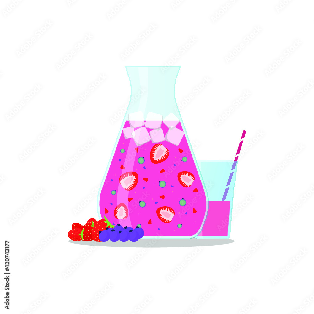 Vector illustration of a smoothie jug, a glass with a smoothie and a straw and vegetables on white background. Healthy food and drinks. 