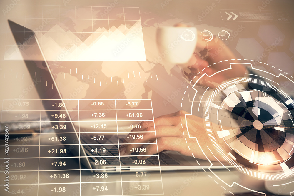 Double exposure of businesswoman hands typing on computer and forex graph hologram drawing. Financial analysis concept. Double exposure of businesswoman hands typing on computer and forex graph hologram drawing. Financial analysis concept.