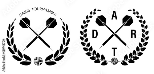 symbol, emblem of crossed sports dart arrows with laurel wreath for competition. Sports equipment. Active lifestyle. Vector