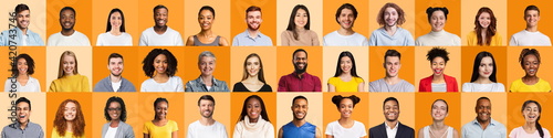 Collection Of Human Portraits With Happy Faces On Orange Backgrounds photo