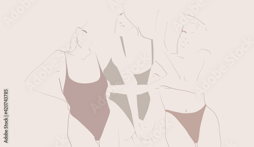 Young women, models in underwear. Drawing in minimalistic style. Vector