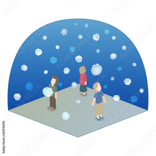 クラゲの水槽と人物のアイソメイラスト