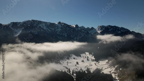 Aerial view of Benediktenwand in winter, 4k ,drone Bavaria Germany Alps photo