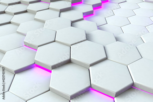 3D Futuristic geometric white background. Realistic geometric mesh cells texture. Abstract white wallpaper