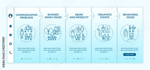 Online family therapy types onboarding vector template. Abuse and infidelity. Traumatic events. Responsive mobile website with icons. Webpage walkthrough step screens. RGB color concept