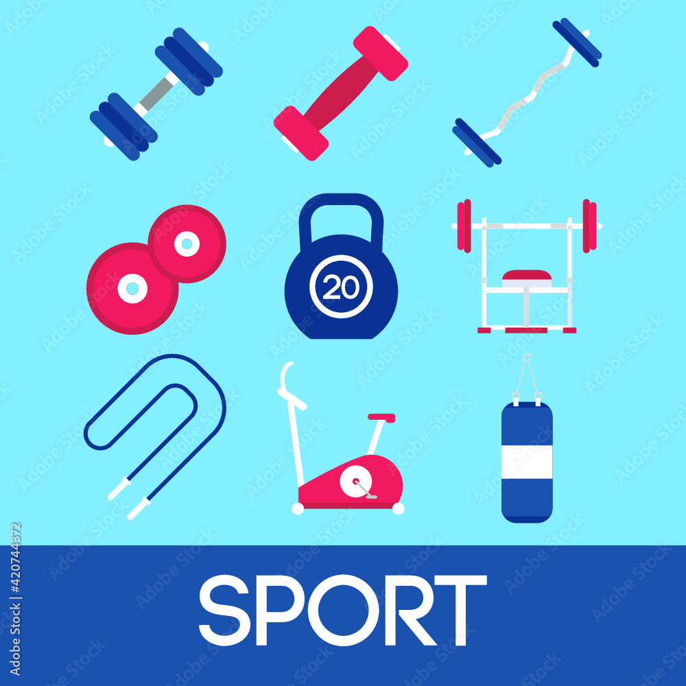Fototapeta premium Vector illustration of sport stuff on blue background. Healthy lifestyle and its attributes.