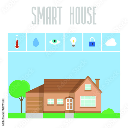 Vector illustration of smart house technology. Green energy and ecology friendly technology.