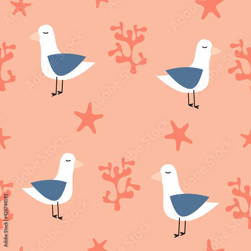 cute cartoon seagull, red coral, starfish seamless vector pattern background illustration