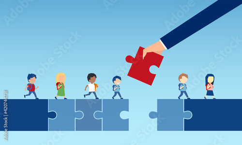 Print op canvas Vector of a businessman hand holding a puzzle piece bridging the gap in primary