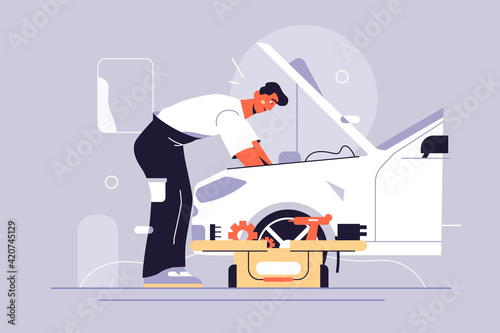 Man fixing car by himself vector illustration. Repairing automobile with tools flat style. Car service, auto maintenance, transportation concept. Isolated on grey background