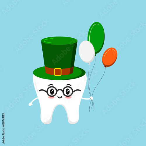 St Patrick day tooth dental icon isolated. Cute kids dentistry wisdom teeth character with leprechaun hat eye glasses and balloon set irish flag color. Flat design cartoon vector clip art illustration