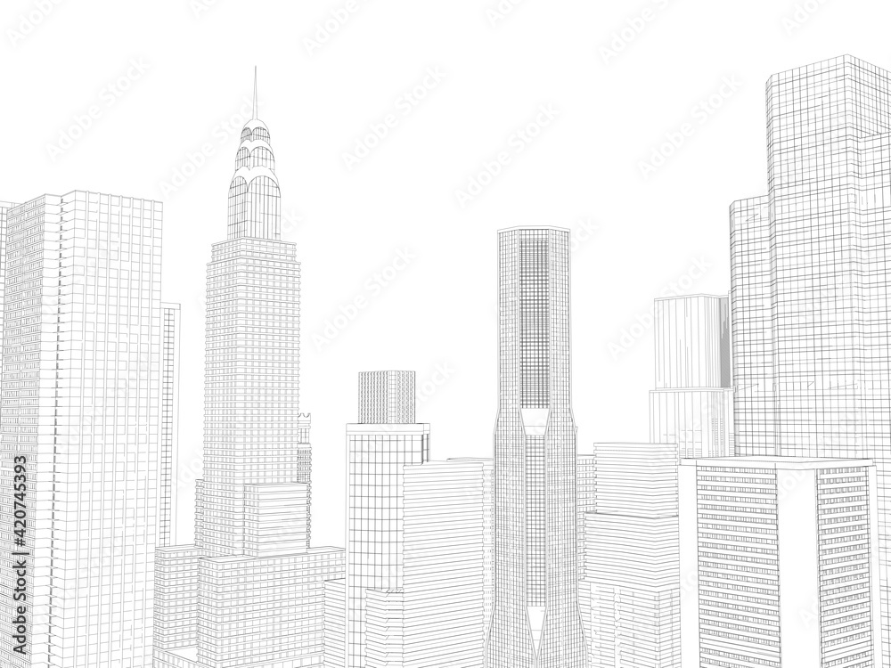 City outline with skyscrapers from black lines isolated on white background. 3D. Vector illustration