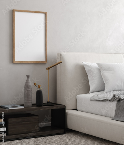 Mockup frame close up in modern bedroom interior background, 3d render photo