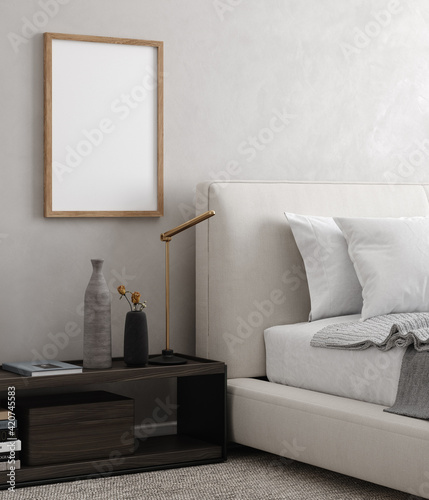 Mockup frame close up in modern bedroom interior background, 3d render