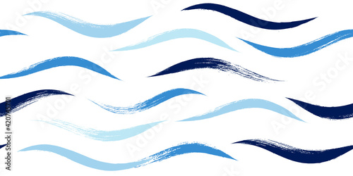 Seamless Wave Pattern, Hand drawn water sea modern vector background. Wavy beach brush stroke, curly grunge paint lines, watercolor illustration