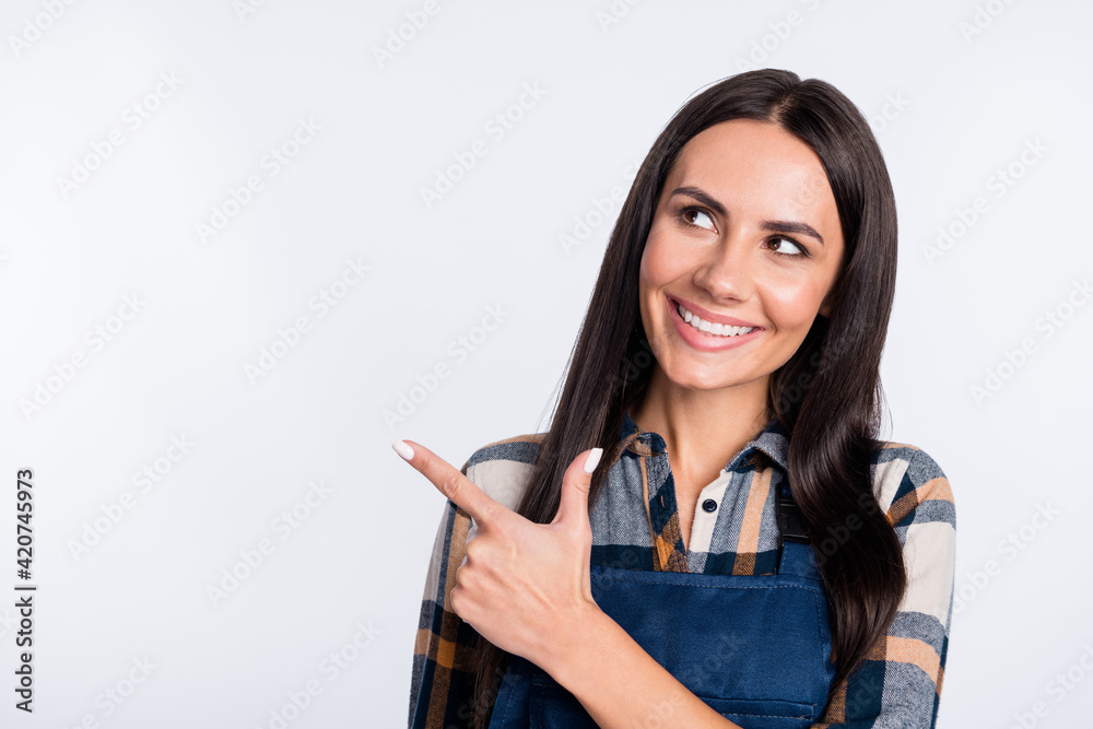 Photo of happy smiling good mood woman architect engineer advertising product isolated on white color background