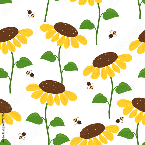 Seamless pattern with sunflower and bee cartoons on white background vector illustration. Pretty hand drawn floral print.