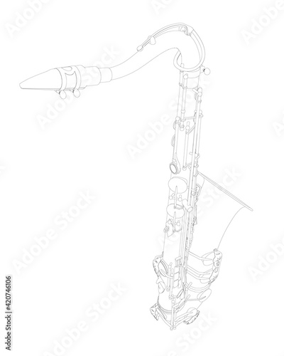 Outline detailed saxophone isolated on white background. Vector illustration