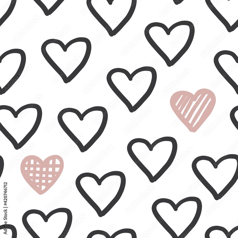 Hand drawn heart seapless pattern. Cute love romantic vector repeat print. Black and pink sweet trendy hearts ornament for textile.