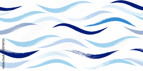 Seamless Wave Pattern, Hand drawn water sea modern vector background. Wavy beach brush stroke, curly grunge paint lines, watercolor illustration