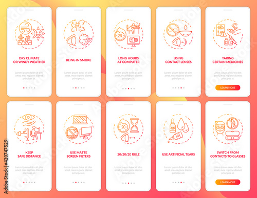 Eye health onboarding mobile app page screen with concepts set. Treating eyes from painful disease walkthrough 10 steps graphic instructions. UI vector template with RGB color illustrations