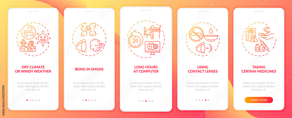 Dry eye causes onboarding mobile app page screen with concepts. Long hours at computer working walkthrough 5 steps graphic instructions. UI vector template with RGB color illustrations