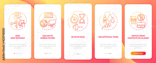 Digital eyestrain prevention tips onboarding mobile app page screen with concepts. Use artificial tears walkthrough 5 steps graphic instructions. UI vector template with RGB color illustrations