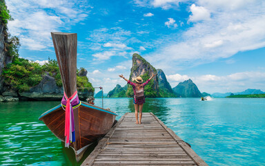Traveler woman  joy fun beautiful nature scenic attraction landscape Phang-Nga bay, Adventure landmark travel Phuket Thailand, Tourist on summer holiday vacation trip, Tourism destination place Asia