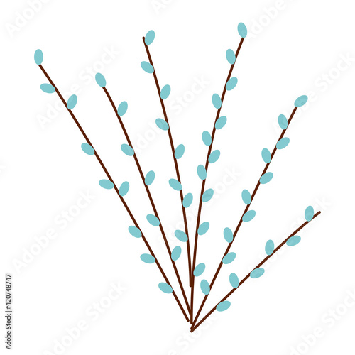 Bunch of fluffy pussy willow. Willow for Happy Easter. Decorations for celebrating Easter. Isolated element of vector illustration on a white background.