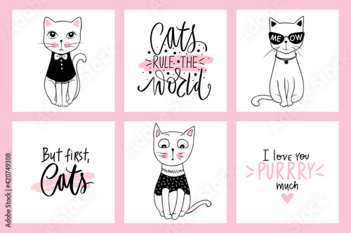 Vector doodle cats illustrations and kitten quotes. Cartoon animals. Cute kitty in sketch style for t-shirt print, cards, poster. Kids animals series.