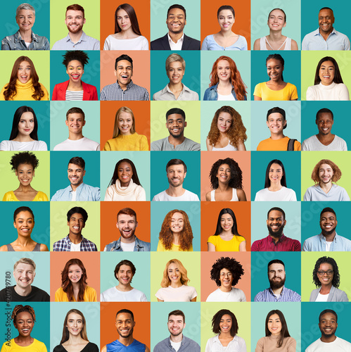 Set Of Multiethnic People Faces On Colorful Backgrounds, Portraits Collage