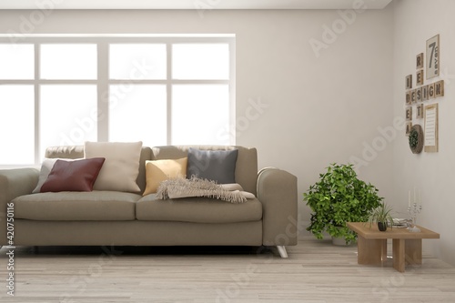 White living room with sofa. Scandinavian interior design. 3D illustration