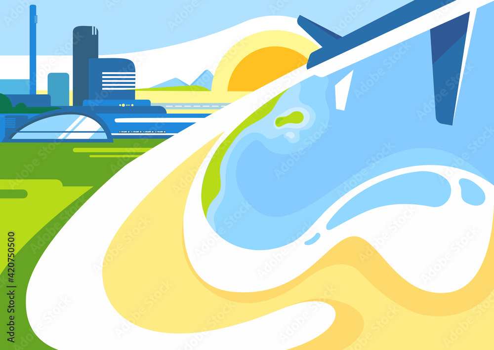 Banner template with city, coast and airplane. Travel concept art in flat design.