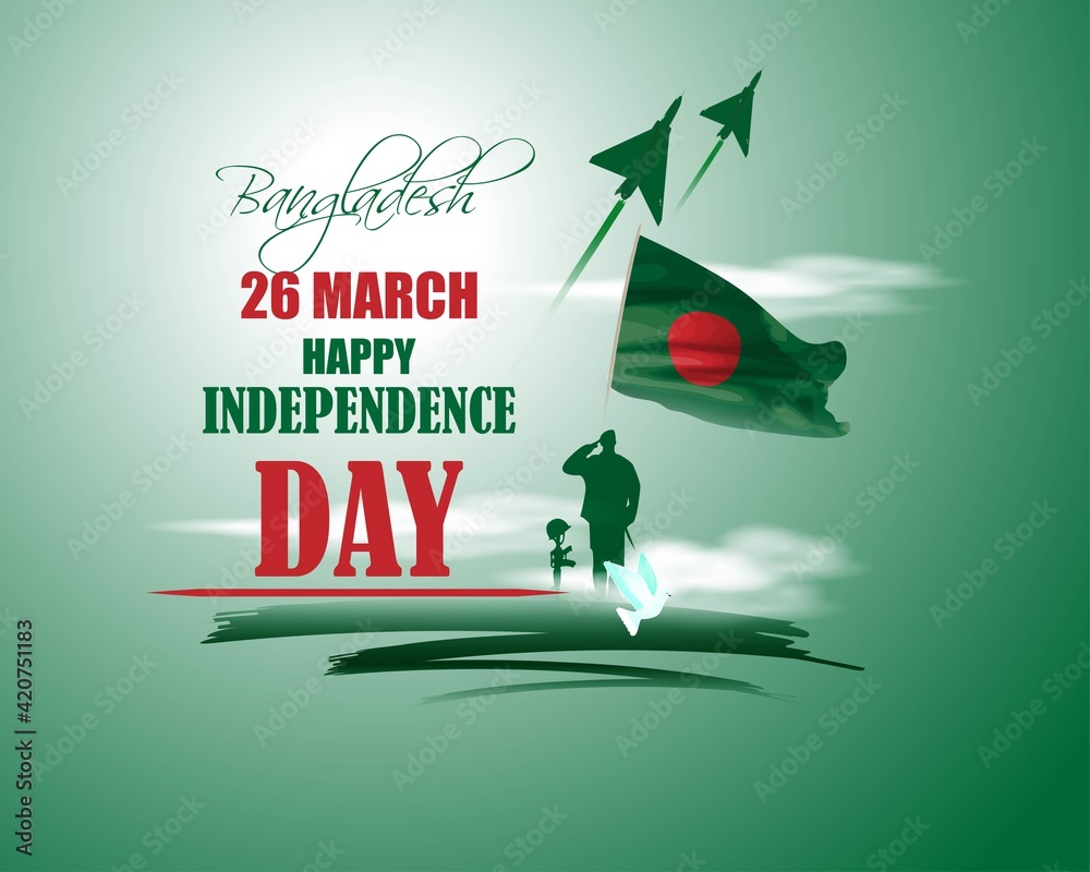 Vector illustration for Bangladesh happy independence day, national day, soldiers, flag hoisting, pigeon, mountain on abstract background with patriotic color theme. Vector illustration for Bangladesh happy independence day, national day, soldiers, flag hoisting, pigeon, mountain on abstract background with patriotic color theme.