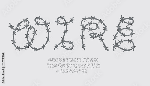 Alphabet set of symbols in the form of Barbed wire. Wire with sharp spikes . 