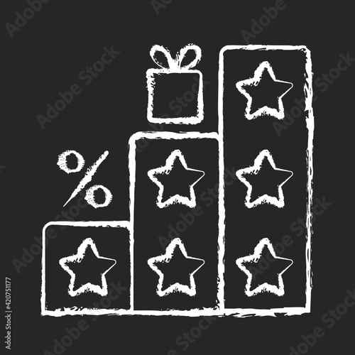 More points and rewards chalk white icon on black background. Tier program. Tiered loyalty program. Purchasing things and getting bonuses. Discounts. Isolated vector chalkboard illustration