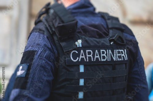Italian Carabinieri, national gendarmerie of Italy squad,  of Italy patrol formation back view with 