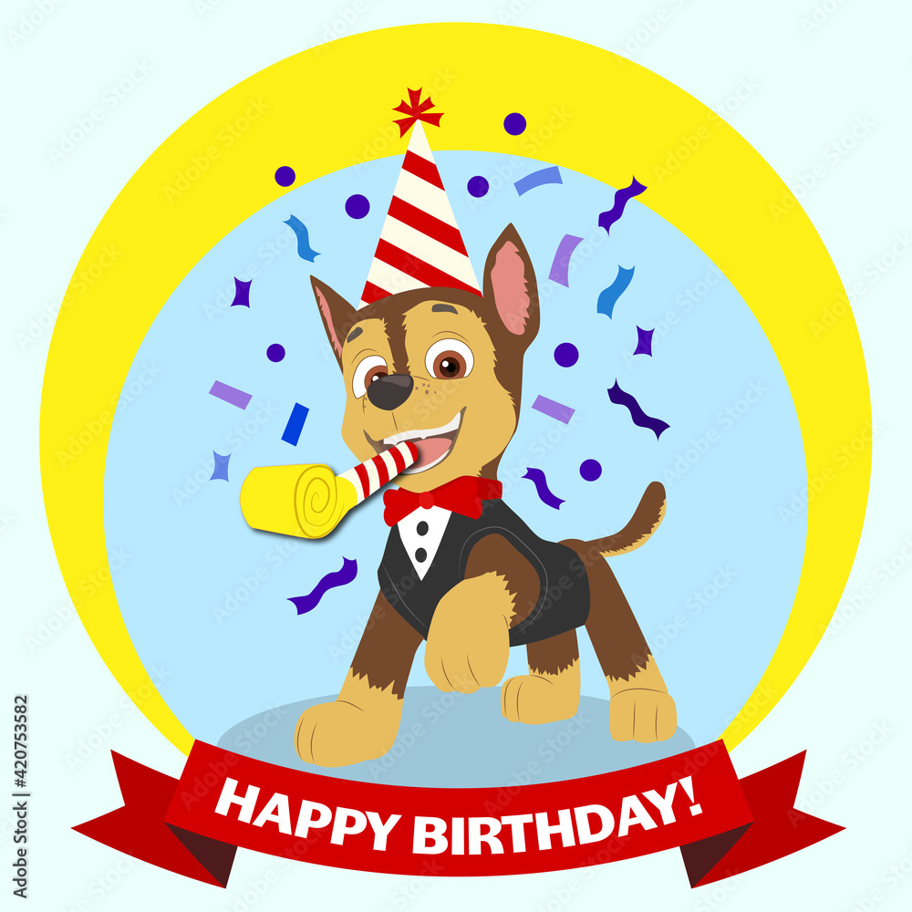 Paw Patrol Chase birthday card. Happy birthday from paw patrol chase! Happy  puppy with birthday cap, horn and red bow-tie. Cartoon character greeting  card. Stock Vector | Adobe Stock
