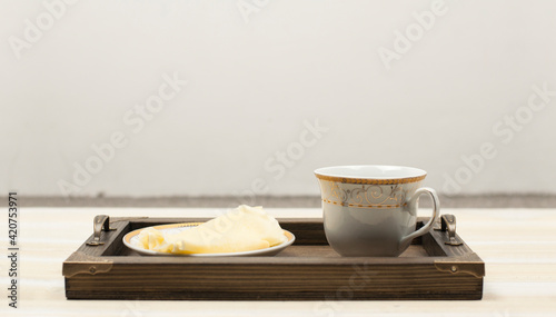 Wallpaper Mural Wooden tray. Pancakes on a plate and a cup of coffee. Breakfast Torontodigital.ca